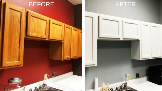 cabinet painting upgrade for doctor's office white paint on wood cabinets