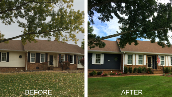 Exterior Siding Painting Cream to Navy on Brick Before and After