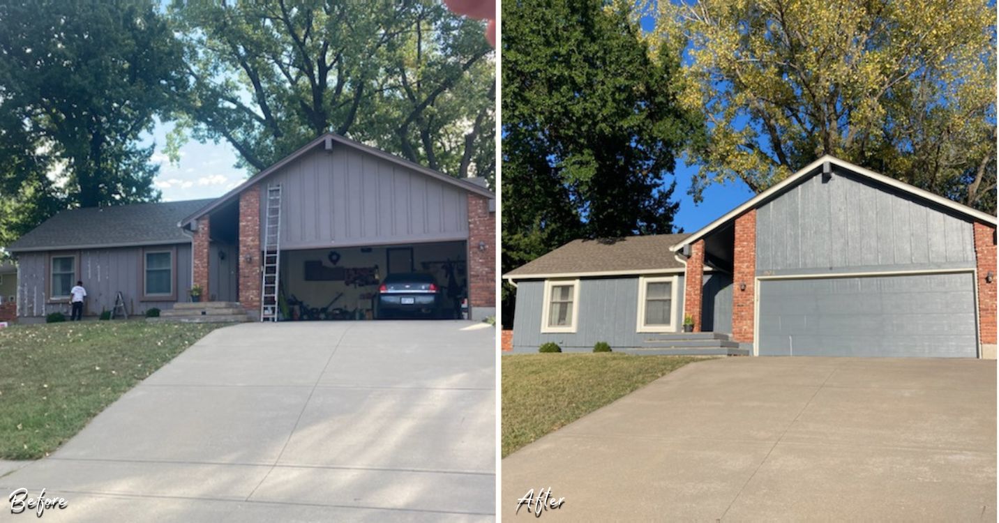 Before and after house painting in Olathe, Kansas.